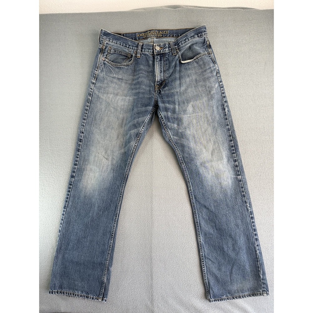 American Eagle Original Boot Jeans Mens 34x30 Med Blue Bootcut Distressed Denim